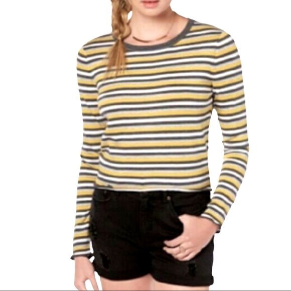 Ultra Flirt size medium grey yellow & white striped crop top ruffle hems EUC - Picture 14 of 14